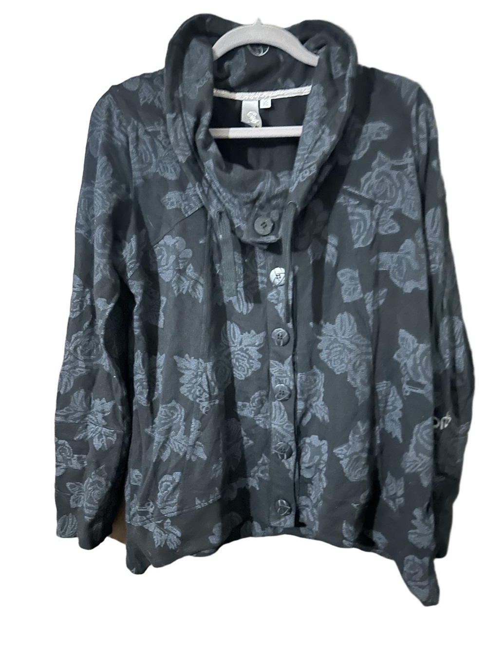 Orb Black & Charcoal Floral Rose Button Front Cowl Neck Sweater Jacket Sz Large